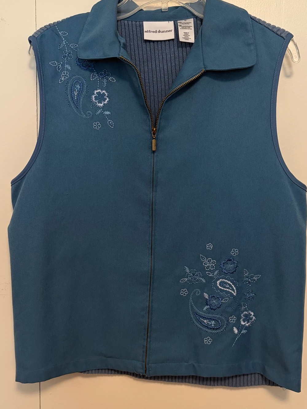 Alfred Dunner Teal Blue Embroidered Zip-Front Vest